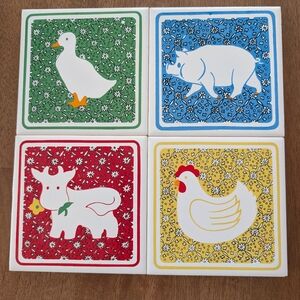 Vintage Cathay Country Calico Farm Animal Tile Coaster Trivet Duck Pig Cow Chick